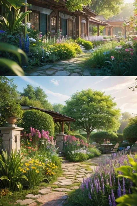 ( extremely detailed Cg Unity 8K wallpaper ,  Masterpiece,  top quality,  ultra high resolution), (  Best Illuminations,  Best Shadow,  Very Delicate and Beautiful ), Flower Garden, Lush greenery, Sunlight shines in, Deep Compositing,  A warm and inviting ...