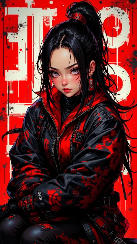  A stunning number painting ， shows off a stylish ，Leading young woman ， confidently sitting in front of a vibrant abstract doodle style background 。 Her bold eyes ， long high ponytail hairstyle ， and leather jacket with bold pattern in red Decorated Cyber...