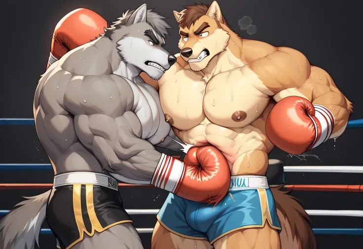 Duo anthro male(anthro Gray Wolf vs anthro Brown Wolf), handsomes(handsome hairstyles, Thick eyebrows, detailed face), gay(Holding body side to side, stomach punch, painful expression, on a boxing ring, black background), hot(Shirtless), handsomes(They are...