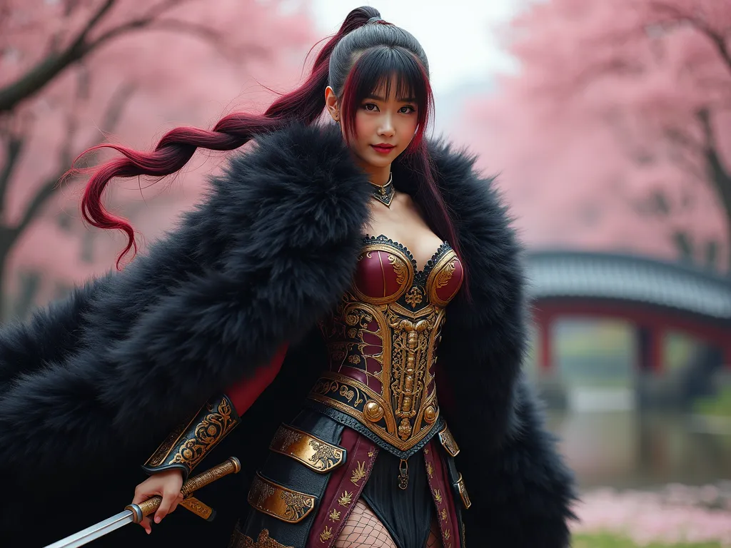 masterpiece of fantasy photography, a asian samurai girl  women wearing a  sexy corset style ethereal samurai armour with golden detailing with neon lights on it detailed design with stockings under a short skirt with a fur trim, thigh high fur  boots and ...