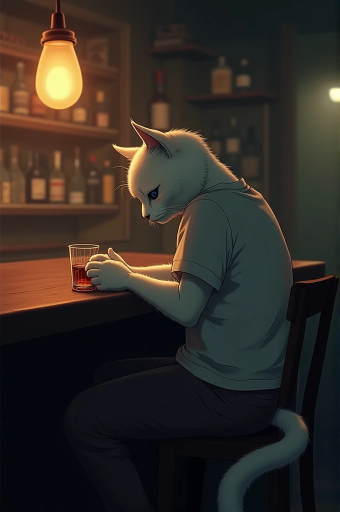 A dimly lit bar with a melancholic atmosphere. An anthropomorphic male cat with a white coat sits alone at the counter, lost in deep thought. He wears a simple T-shirt and trousers, his posture slightly slouched as he gently swirls a glass of liquor in his...