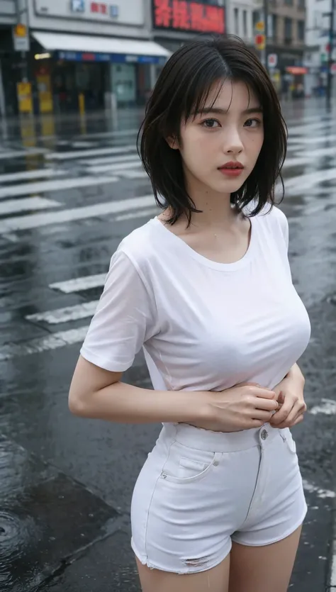 solo,  Hi-Res,  Masterpiece,  anatomically correct,  top quality,  super high heels,  textured skin, woman、4K、 big breasts、 upper body shot、((wet white t-shirt and hot pants))、(((Heavy rain day)))、((((My whole body is soaked due to heavy rain)))),((Standin...