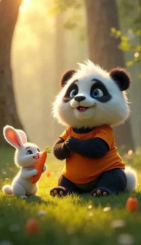 The Pixar-style cartoon panda cub with a large, fluffy mane, big blue eyes, and soft black-and-white fur sits on the grass, looking up at a tiny white bunny. The panda wears an orange t-shirt and black shorts. The bunny, standing on its hind legs, holds a ...