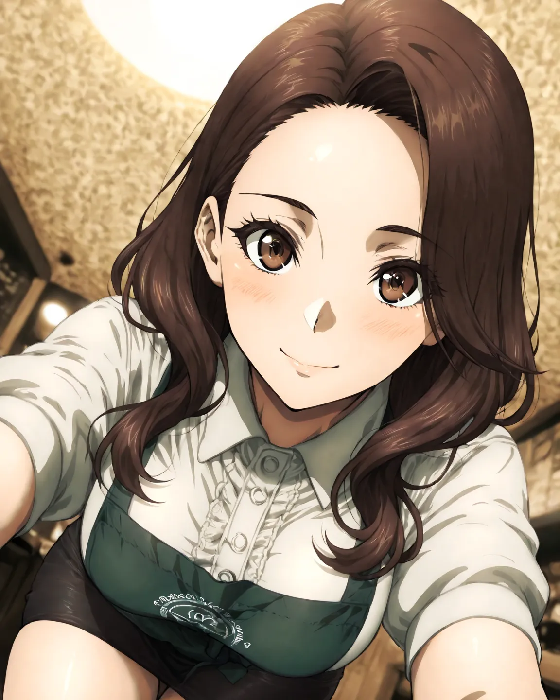 ( adult woman):  Japanese anime style、 Japanese Manga Style 、solo、( perfect face )、( detailed clothing)、 A Single Elegant Woman 、(The coffee shop hostess )、late thirties 、Alluring、The eye area is long and looks a little tight 、 Her Eyes Are Seriously Smili...