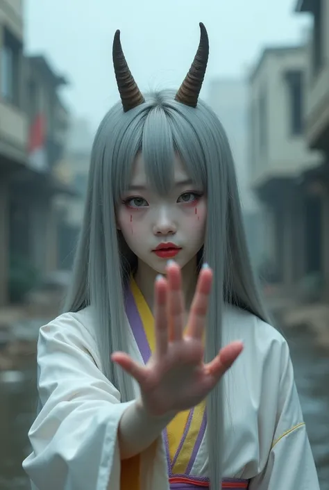 20 year old Japanese girl, very long gray hair, two horns on the head that almost look like rabbit ears ,silver eyes,red lipstick,a white long-sleeved yukata robe with a connecting yellow and purple collar,pale white skin,background of damaged buildings ty...