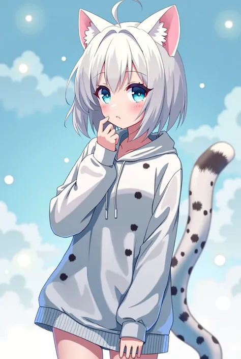 white-haired anime girl with blue eyes  ( like those of a cat ) (with hair up) ( snow cheetah ears and snow cheetah tail, cropped leg