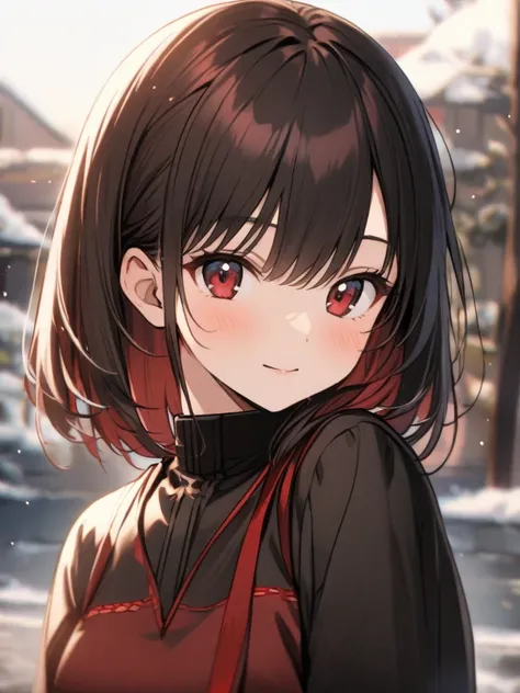 A 20-year-old woman, good looking, warm, good-natured, with long dark red hair, black highlights, dark red eyes mixed with black, wearing a black Japanese Akademi school dress.