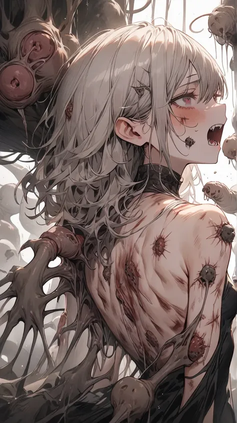 ((Best masterpiece, Perfect quality, Ultra detailed)), ((Grotesque, Fleshy, Bloody, Parasitism)), ((Wounds, Cysts, Blisters, Tumors, Organs)), A skinny girl, With small breasts, With light gray hair, She was parasitized. Parasites parasitized her. Chrysali...