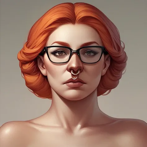 Line art, young adult woman, roman nose, long orange hair, redhead, black framed glasses, dark brown eyes, nose ring