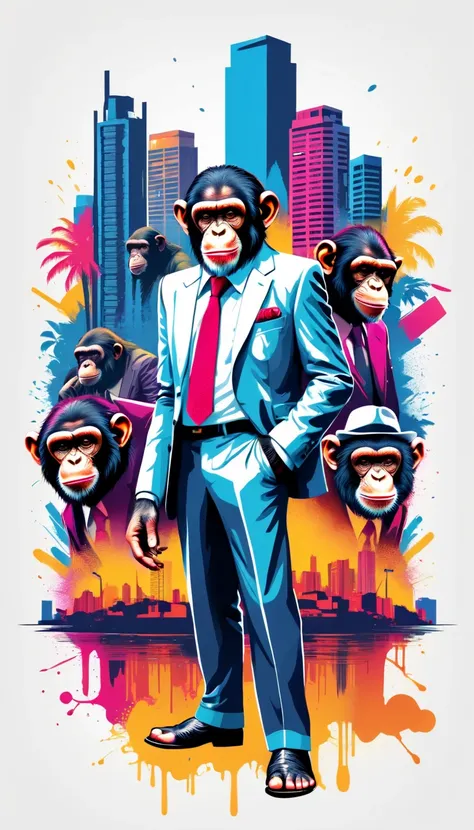 ultra high quality,t-shirt design,white background,vector,chimpanzee in mafia suits, high details , text "BONZO MONKE BUSINESS", city event night in background   , masterpiece , splash colors .