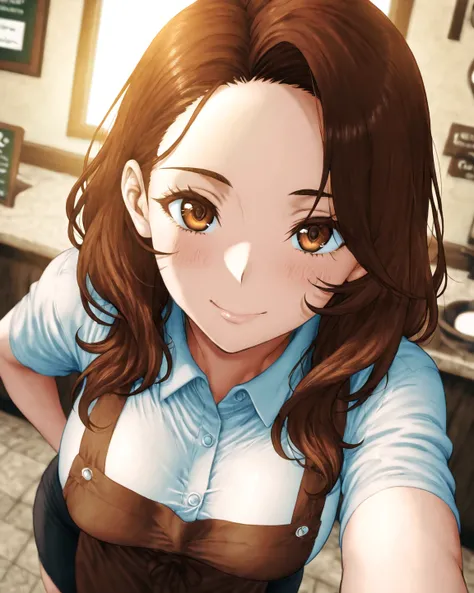 ( adult woman):  Japanese anime style、 Japanese Manga Style 、solo、( perfect face )、( detailed clothing)、 A Single Elegant Woman 、(The coffee shop hostess )、late thirties 、Alluring、((The eye area is long and looks a little tight ))、 Her Eyes Are Seriously S...