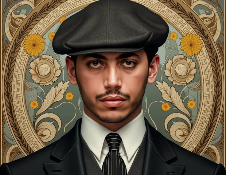  Hyperrealistic portrait of Cillian Murphy playing Thomas Shelby ,  character from Peaky Blinders ,  with an elegant and refined Art Nouveau style .  The portrait focuses on his face and upper torso .  He wears a classic flat cap  (flat beret )  in dark to...