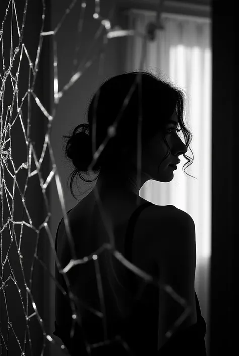 A dramatic image of a woman’s silhouette reflected in a cracked mirror, her expression hidden as she turns away from the camera, the fragmented glass adding a mysterious and surreal quality to the scene, shot with a Fujifilm X-T4, 50mm f/2 lens, bold black...