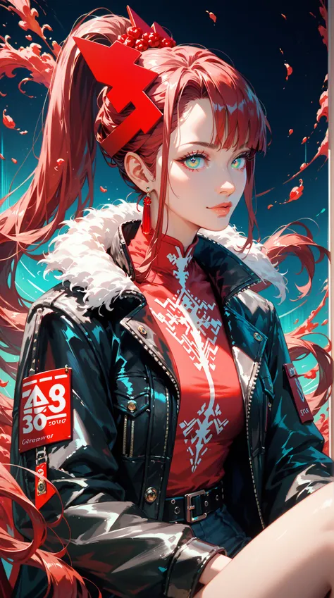  A stunning number painting ， shows off a stylish ，Leading young woman ， confidently sitting in front of a vibrant abstract doodle style background 。 Her bold eyes ， long high ponytail hairstyle ， and leather jacket with bold pattern in red Decorated Cyber...