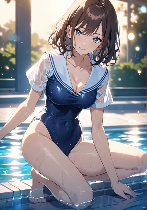 1 girl, Game CG, 
shallow depth of field, a portrait with a soft Gaussian blurred background, creating a dreamy atmosphere, kneeing, leaning back, seductive smile, full body,

(dark Brown Hair, straight medium hair, deep blue eyes,  Clear and Sensual eyes,...