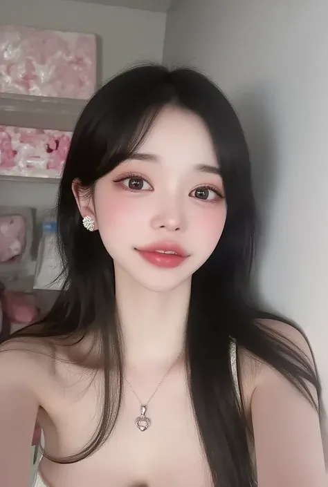 (()),  black hair,  long lashes,  firm round eyes , Lightsmile , cute earrings, Lightsmile , shy,  frowning lips , surrealism,  DROP SHADOW, 3D view ,  depth of field,  first-person view , 8k, Details ,  top quality,  high resolution,  has short hair 