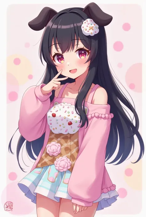 An anime girl with black hair and dog ears wearing a ice cream inspired outfit