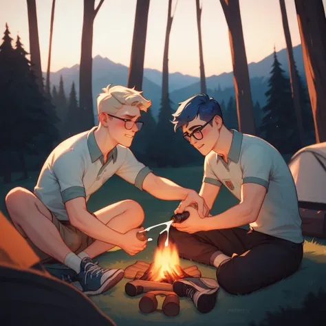 best quality, nsfw, (sexy image of two men!), 18-year old, wearing hiking clothes, skinny build, nerdy wearing glasses, very embarrassed expression, sitting around campfire, camping in a forest, masturbating, explosive cumshot, dripping cum, at night, dram...