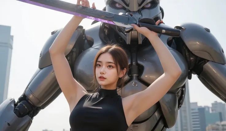 Generate a masterpiece, 8K image quality, cinematic shot of a young woman wearing black sleeveless Power Rangers training gear, standing confidently raising her arms up well detailed underarms in front of a massive, white humanoid wolf robot. The robot's b...