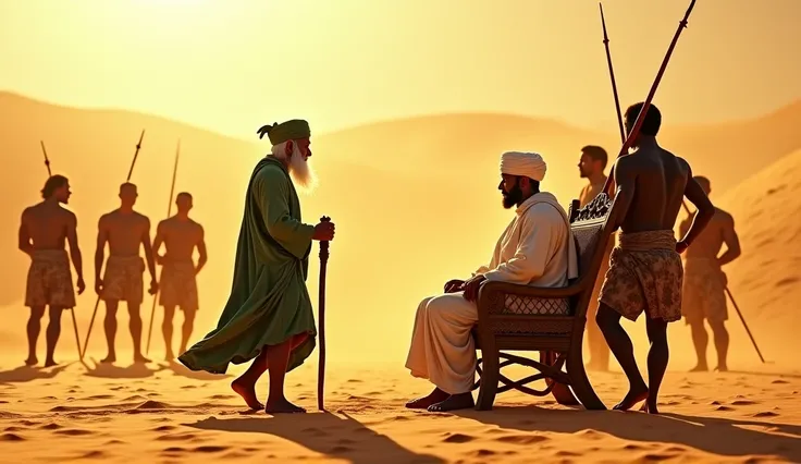 Create a hyper realistic image "A historical desert scene set under the blazing sunlight. At the center, an elderly man with a long white beard, dressed in flowing green robes and a green turban, walks barefoot on the golden sand while holding a wooden sta...