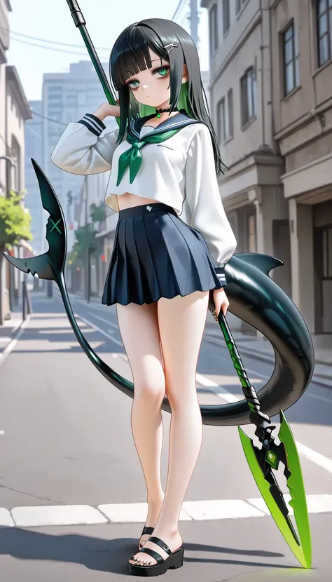 1girl, green eyes, Black Hair (green gradient), blunt bangs, black shark tail, small Breast, choker, bare legs, foot, toenails, nail polish, black nails, masterpiece, best quality, Perfect details, perfect composition, absurdres, newest, very aesthetic, am...