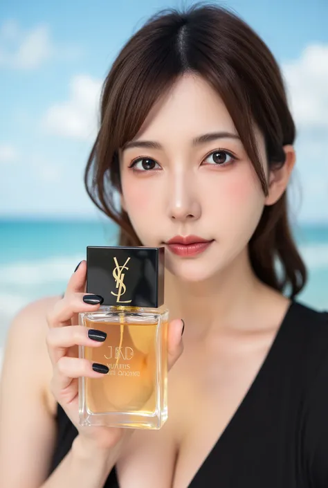 This is a high-resolution, close-up photograph of a woman holding a bottle of perfume. The woman, who appears to be of East Asian descent, has a fair complexion and is wearing a black, possibly silk, top. She has her dark hair pulled back, and her expressi...
