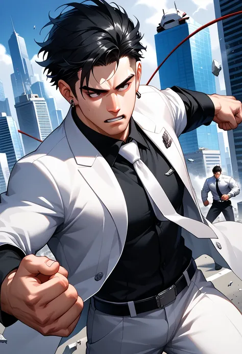 8k,masterpiece, best quality, super high resolution, high resolution, handsome, muscular body, 20s, 1man, short hair, M, black hair , Wolf cut, slanted eyes, black colored eyes, (white suit, white tie, black shirts, long black sleeve), very detailed descri...