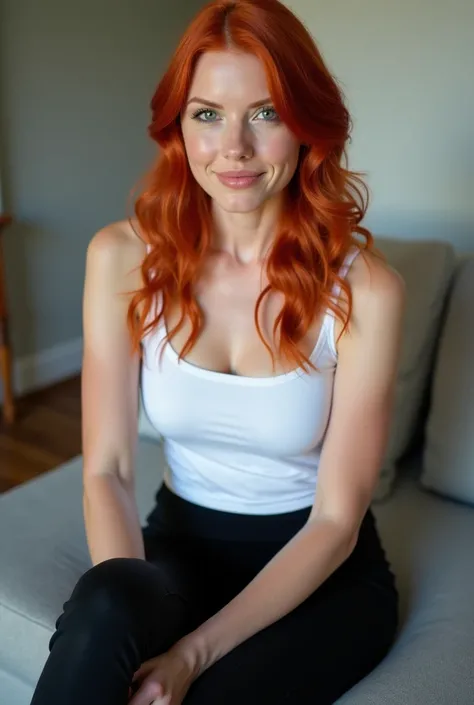 {Photorealistic, Highest Quality, Highest Resolution} A woman in a simple house in the living room, around thirty-five years old, wearing a tight white top, black leggings, sitting on the couch, MILF, big natural , red hair, green eyes, closeup portrait, s...