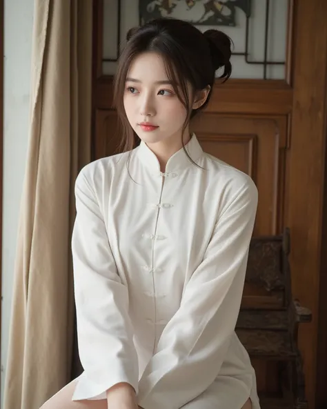 Cute girl、China、Chinaの建物、 bun hair、 white Chinese clothes 、((( sexy)))、((Chinese clothes with slits))、 Sitting、(((Clean armpits)))、 clean skin、20 years old、woman, cute、super detailed,(((realistic, photo realistic, photo-realistic:1.37))), high definition ,...