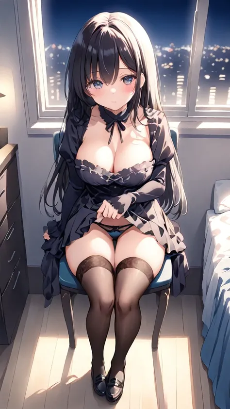  1 girl, ( Masterpiece), (Reality), ( anatomically correct), look up, (Late Night:1.8), ( moonlight ), moody lighting, (deep shadow),  hotel, [ plump body:1.9], ( expressionless ), Black and violet gradation color straight hair,   quick,Thick thighs,chest,...