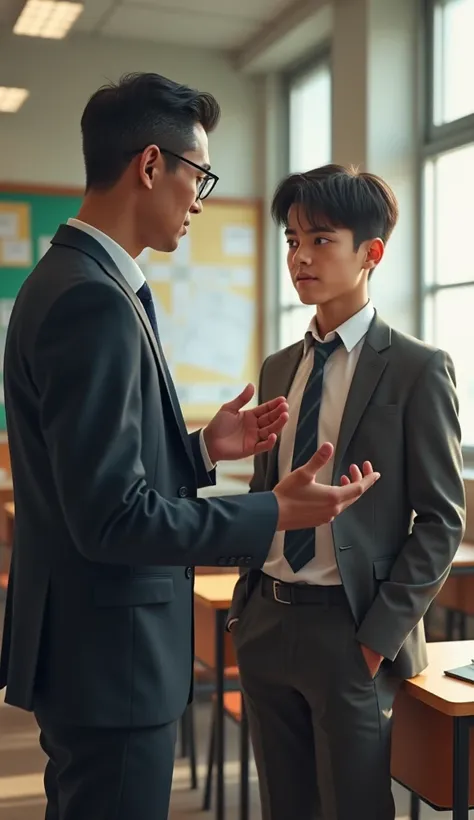 A teacher in the classroom is talking to a 15-year-old a male student wearing a school uniform.

