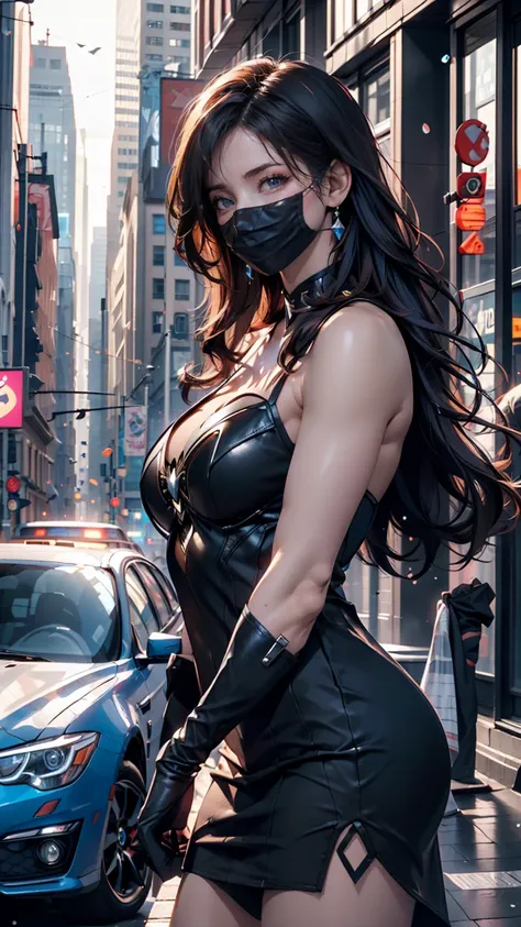 ( Masterpiece,  top quality),  complicated details, 8k,  Art Station, wallpaper,  Official Art,  splash art,  sharp concentration,,  1 girl,  long hair,,  Batgirl from The Masked Woman , ,  skyscrapers, city, building, car, street、A black mask that only hi...