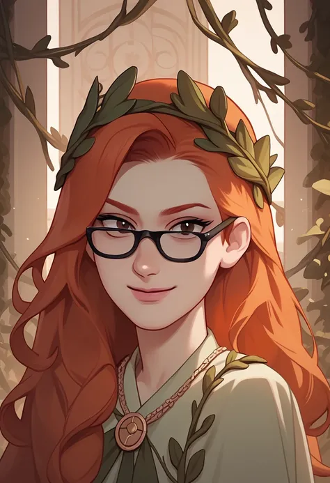 hilsty, CHHilda, young adult woman, roman nose, straight hair, long orange hair, redhead, thick black glasses, dark brown eyes, smile, 'Poison Ivy' cosplay, cowboy shot