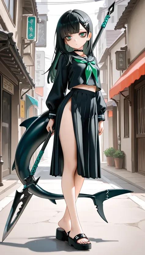 1girl, green eyes, Black Hair (green gradient), blunt bangs, black shark tail, small Breast, choker, bare legs, foot, toenails, nail polish, black nails, masterpiece, best quality, Perfect details, perfect composition, absurdres, newest, very aesthetic, am...