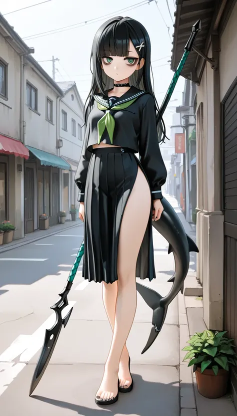 1girl, green eyes, Black Hair (green gradient), blunt bangs, black shark tail, small Breast, choker, bare legs, foot, toenails, nail polish, black nails, masterpiece, best quality, Perfect details, perfect composition, absurdres, newest, very aesthetic, am...