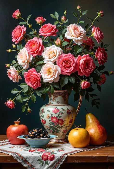 masterpiece composition A wide bouquet of roses and mussels in Chinese jugs with a picture on a wooden table and on a table, an embroidered tablecloth and large apples and pears lie and the price falls firmly on their side and the soil is soft oil paint