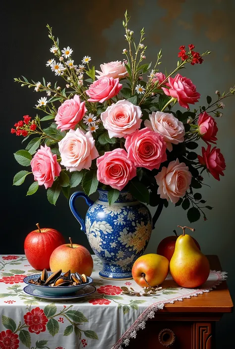 masterpiece composition A wide bouquet of roses and mussels in Chinese jugs with a picture on a wooden table and on a table, an embroidered tablecloth and large apples and pears lie and the price falls firmly on their side and the soil is soft oil paint
