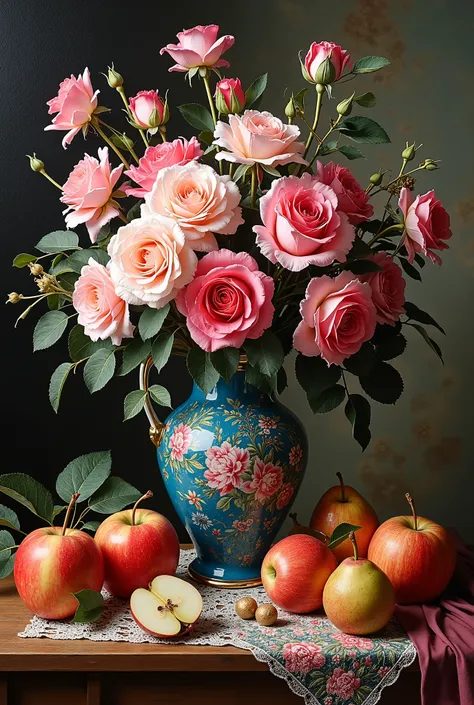 masterpiece composition A wide bouquet of roses and mussels in Chinese jugs with a picture on a wooden table and on a table, an embroidered tablecloth and large apples and pears lie and the price falls firmly on their side and the soil is soft oil paint