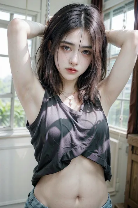     arms raised
 Black Earrings , hairpin, necklace,   Black super short hair     , Swing   , sad ,, (Young face  ))),【【Miss,Bangs, ，Armpits暴露，   Armpits　，Perfect Arms 　Flat chest　Small chest　Pregnant　pregnant woman　露出Armpits　   with hands raised to head  ...