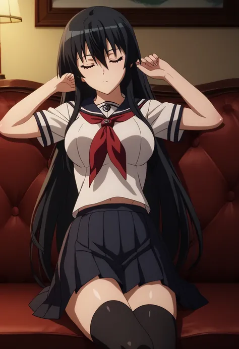 masterpiece, best quality, high resolution,((ultra-detailed)), ((best quality)), ((best quality)), ((beautiful eyes)), ((extremely detailed)), 4K, (8K), best quality, (beautiful), anime screencap,thighhighs,1girl,solo,akame, long hair, black hair, red eyes...