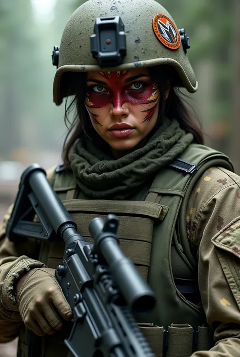 Create an image of a female soldier wearing bulletproof vest painted war face wearing camouflage clothing with helmet and rifle 