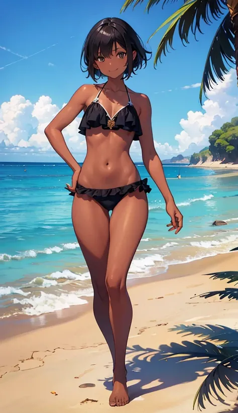 Blue sky and beautiful sea ,A beautiful dark elf girl is standing on the sandy beach, looking at the viewer,Smile,Stylish frill bikini , skinny, file,( Tanned Brown Skin ), barefoot,( Short Black Hair ), high image quality