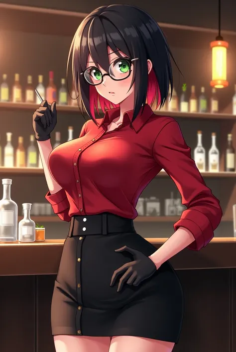 Anime/Female/Bartender/Red Shirt/Black Mini Skirt/Green Eyes/Glasses/Serious Face/Short Hair/Duck Ends/Black Hair/Red Inner Hair/Chen Souman Character Line/Cool Woman 