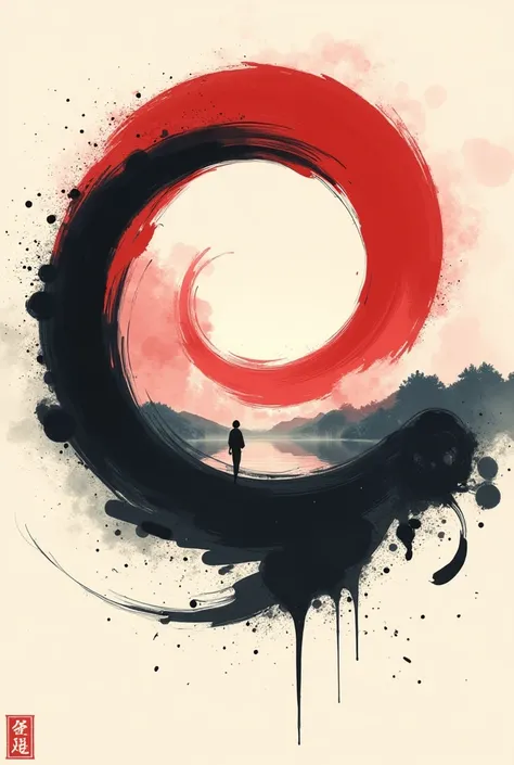 minimalist Japanese ink painting background, bold circular brush strokes in gradient crimson and black, swirling ninja rasengan energy core with dynamic spiral ink strokes, soft concentric ink rings blending into misty aura, thick rounded sumi-e brush text...