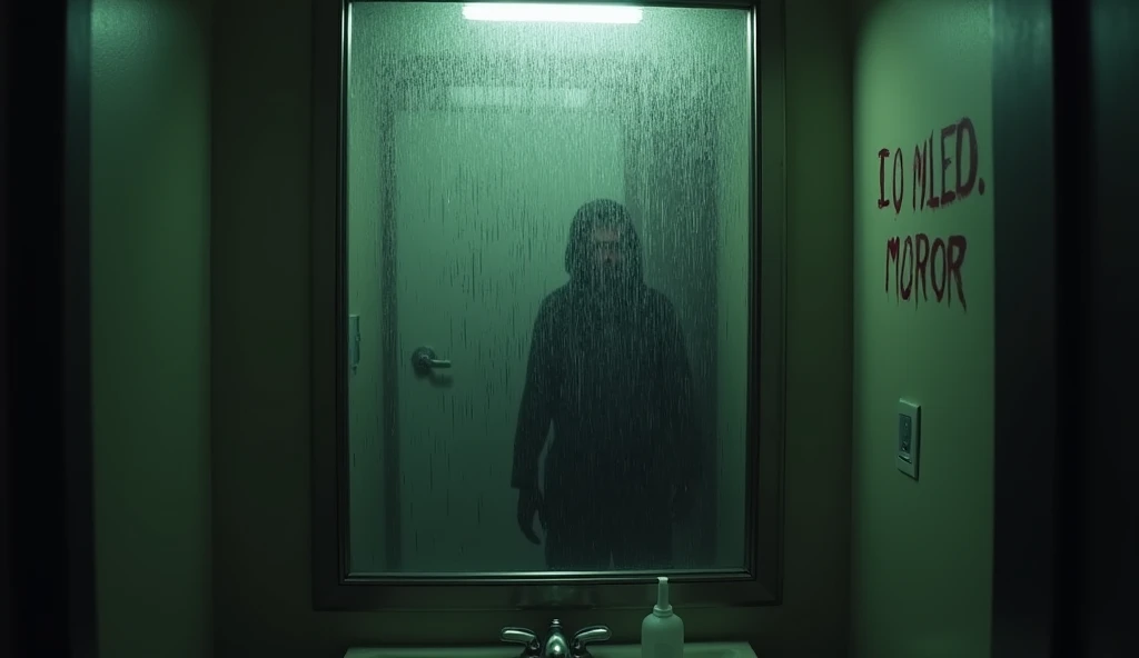 A dimly lit bathroom with a fogged-up mirror, where creepy words appear as if written by an invisible hand. The atmosphere is cold and unsettling, with condensation dripping down the mirror and the faint outline of a ghostly figure behind it.