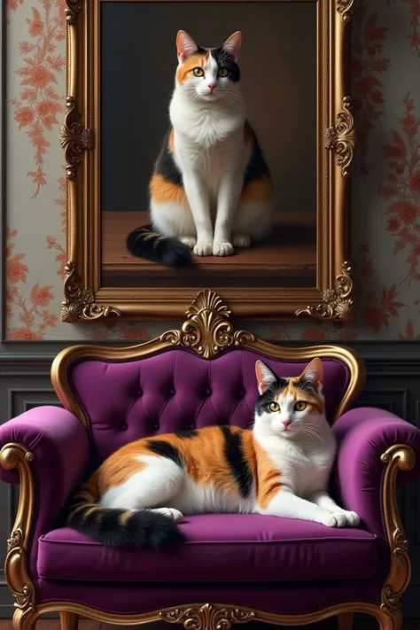 Tricolor cat on Victorian sofa with purple and gold colors with a painting of that same cat above king style