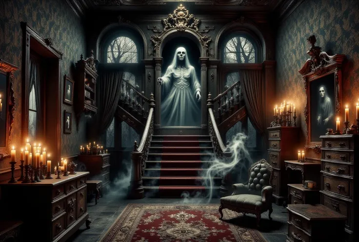 {{A ((highly detailed, vintage-style)) depiction of {((an abandoned Victorian mansion, its grand staircase crumbling, with cobwebs and dust-covered antique furniture))}} with {((a ghostly presence appearing faintly in an ornate mirror and flickering candle...