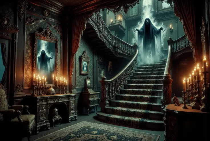 {{A ((highly detailed, vintage-style)) depiction of {((an abandoned Victorian mansion, its grand staircase crumbling, with cobwebs and dust-covered antique furniture))}} with {((a ghostly presence appearing faintly in an ornate mirror and flickering candle...