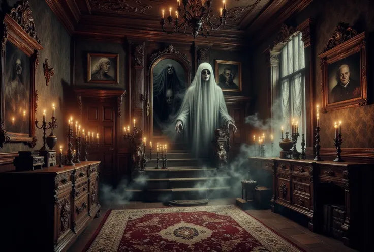 {{A ((highly detailed, vintage-style)) depiction of {((an abandoned Victorian mansion, its grand staircase crumbling, with cobwebs and dust-covered antique furniture))}} with {((a ghostly presence appearing faintly in an ornate mirror and flickering candle...