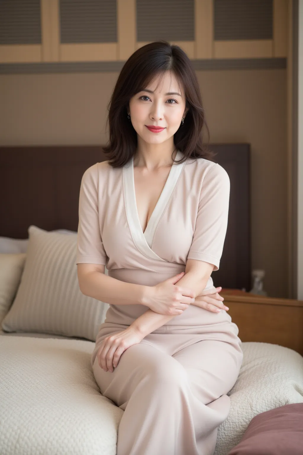    Mature Women、  Japanese、48 years old (Mature Beauty: 1.5)、 kind, Enchanting Smiles 、( nasolabial folds :1.4)、  Natural Aging  、Warm Eyes 、(Fitted long skirt  :1.3)、  Soft  , Natural wrinkles 、  clean skin (1.4)、  very detailed (1.4)、 Unmatched Beauty li...